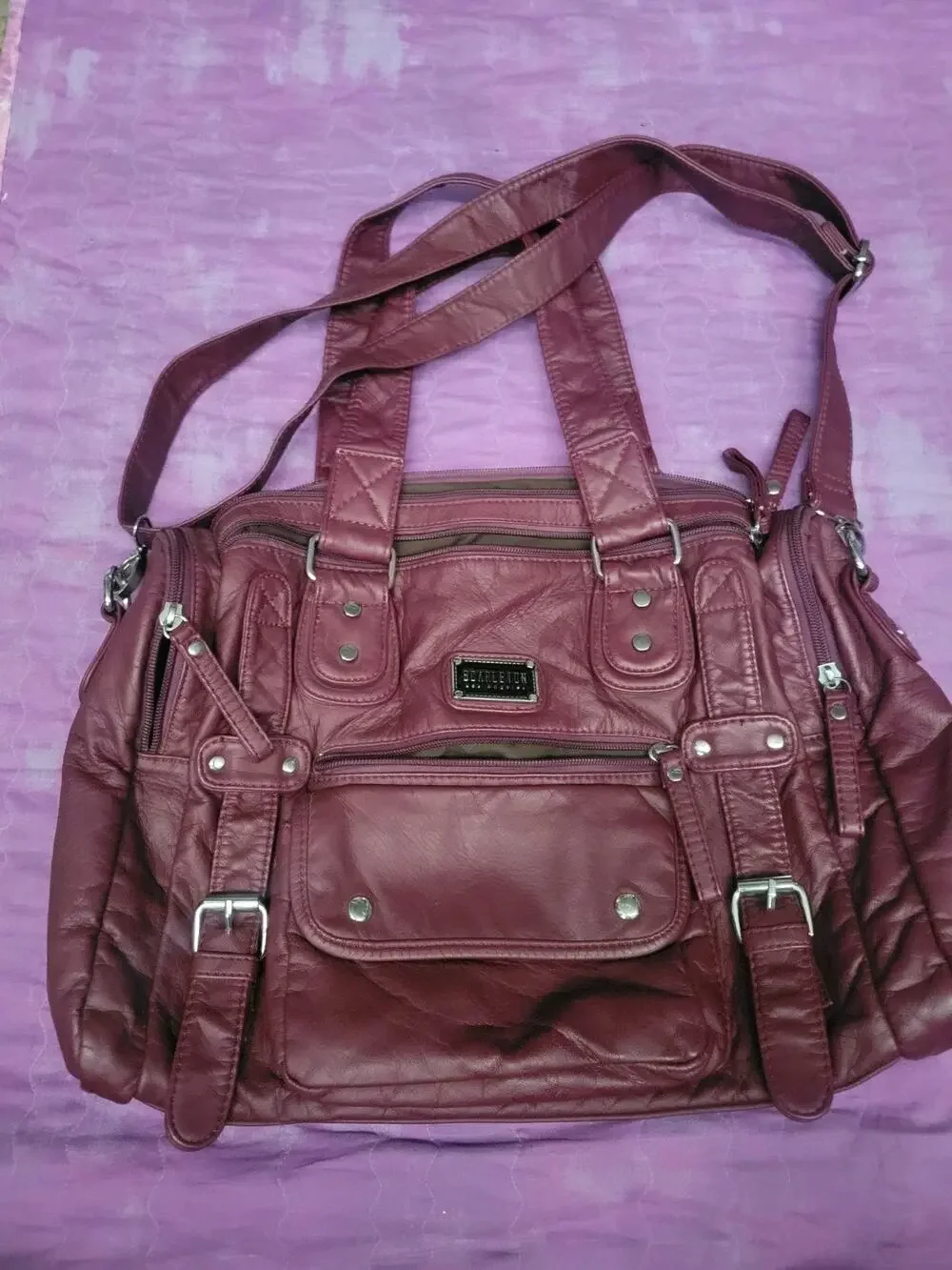 SCARLETON Satchel Handbag Purple Shoulder Bag Purse Soft Faux Leather ~ POCKETS!